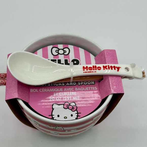 COPY - Hello Kitty Ceramic Ramen Noodle Bowl W Spoon Chopsticks Sanrio NEW Pink… - Picture 1 of 6